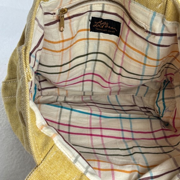 VTG LL Bean Tote Bag Weathered Canvas Yellow Plaid Lining Medium RARE Fishermen